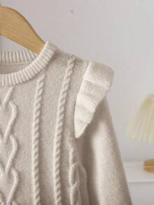 LMoss Kids 小女孩圆领长袖拼布荷叶边纹理针织毛衣裙，适合秋冬季休闲日常穿着，保暖性好 - 杏色 - 查看 5