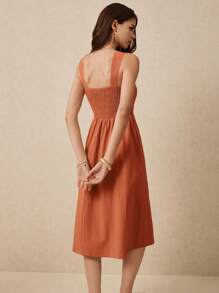 Poéselle 女式纯色褶皱休闲连衣裙 - 摩卡棕 - 查看 5