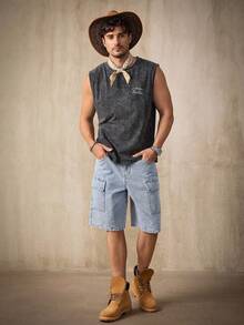 RivetRise 1 件男士休闲多口袋牛仔工装短裤，街头时尚风格，春夏男士浅蓝色牛仔工装短裤，是送给男朋友或丈夫的绝佳礼物。