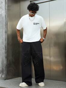 Manfinity Streetrush Pantalones de pierna ancha con cordón en la cintura, bolsillos y tachuelas con forma de pentagrama para hombres