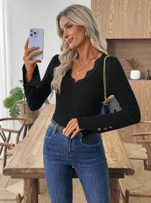 SHEIN LUNE Sudadera casual y versátil de unicolor con ribete de encaje, para primavera/otoño - Negro - Ver 5
