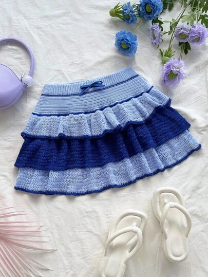 Soleia 女式拼色蝴蝶结装饰荷叶边下摆时尚针织迷你裙