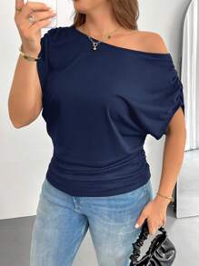 SHEIN Essnce Áo thun ngắn tay dáng ôm thoải mái, rộng rãi, đa năng dành cho nữ cỡ lớn, thời trang xuân hè, kiểu dáng đơn giản, thích hợp mặc đi làm, áo mùa hè kiểu châu Âu, áo đi nhà thờ, áo dành cho giáo viên, áo đi nghỉ mát. - Màu xanh hải quân - Xem 5