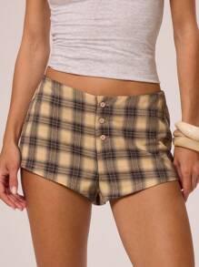 MUSERA Checkered Fitted Mini Shorts , Summer, Holiday, Festival, Rave, Grunge, Cool Girl, Y2K Punk - Brown - View 2