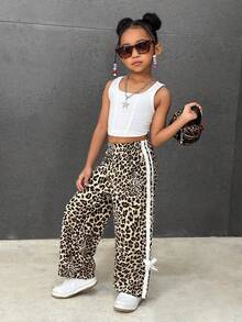 SHEIN 年轻女孩妈妈搭配休闲百搭通勤日常复古美式运动豹纹白色撞色丝带蝴蝶结宽松直筒裤，度假，夏季，旅行 - 彩色 - 查看 4