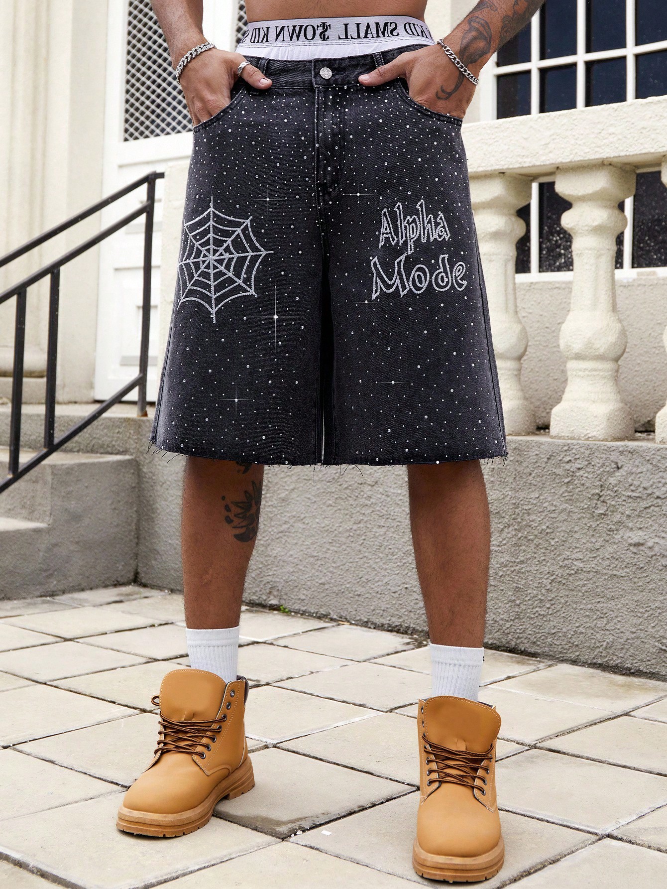 Our Street Life Men's Spider Rhinestone Graphic Pocket Wide Leg