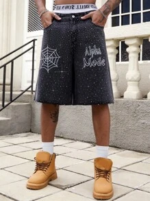ROMWE MEN Street Life Men's Spider Rhinestone Graphic Pocket Wide Leg Loose Casual Denim Shorts - Dark Grey - View 1