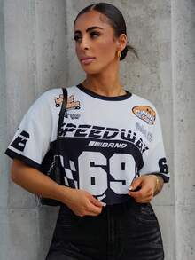 SAYEHFBABY Women's Letter Print Round Neck Drop Shoulder Short Sleeve Casual Black & White Racing T-Shirt - Black and White - View 6