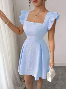 Elenzga Y2K美国独立日新季法式方领盖袖收腰夏季高端纹理花卉A字甜美迷你优雅办公室连衣裙，奶油黄色 - 淺藍色 - 查看 4