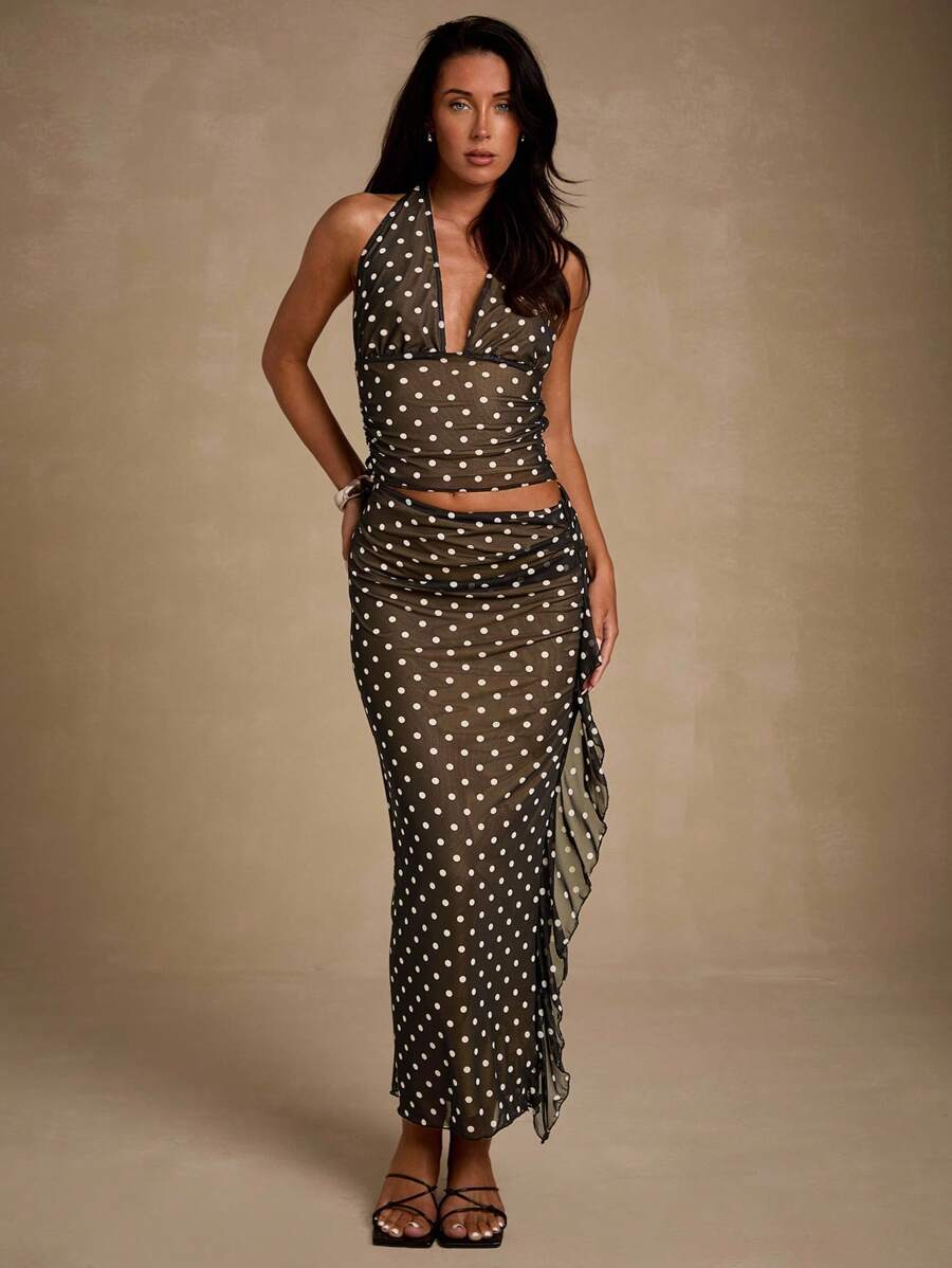 Glamine 2 Pieces Sets White And Black Color Wave Point Sexy V Neck Backless Asymmetrical Maxi Skirt Sets,Club Outfits,Women Fall Clothes,Streetwear,Concert Outfit,Date Night Outfits,Back To School Clothes,Going Out Set,Halloween Set