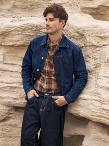 Manfinity Homme Casual Dark Washed Blue Loose Fit Denim Jacket With Large Pockets, Spring/Summer