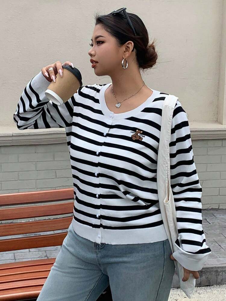 Dazy Plus Cartoon Pattern Embroidered Round Neck Striped Long Sleeve Cropped Cardigan, Plus Size Women,Fall Women Clothes