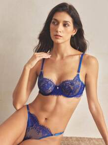 Charlaine Floral Lace Underwire Lingerie Set - Navy Blue - View 5