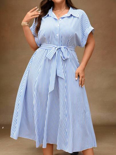 EMERY ROSE Plus Size Blue & White Striped Turndown Collar Button-Up Dress With Sun-Flare Skirt