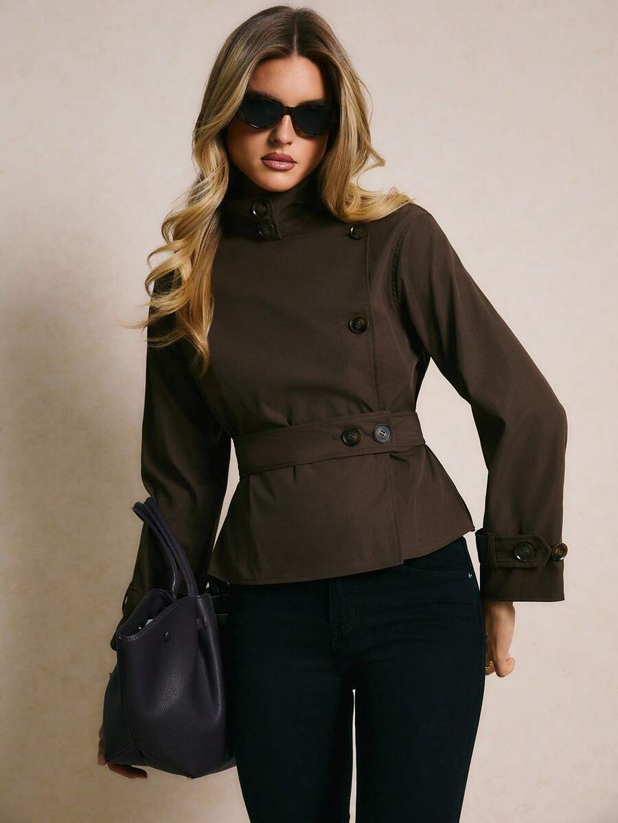 Poéselle 带腰带和口袋的女式风衣 棕色风衣 女式外套 女式休闲纯色风衣 棕色夹克女式 女式棕色夹克 棕色腰带夹克 深棕色夹克女式棕色秋季夹克 女式秋季服装 秋季服装 女式秋季服装 女式冬装 女式冬季外套 女式冬季夹克，