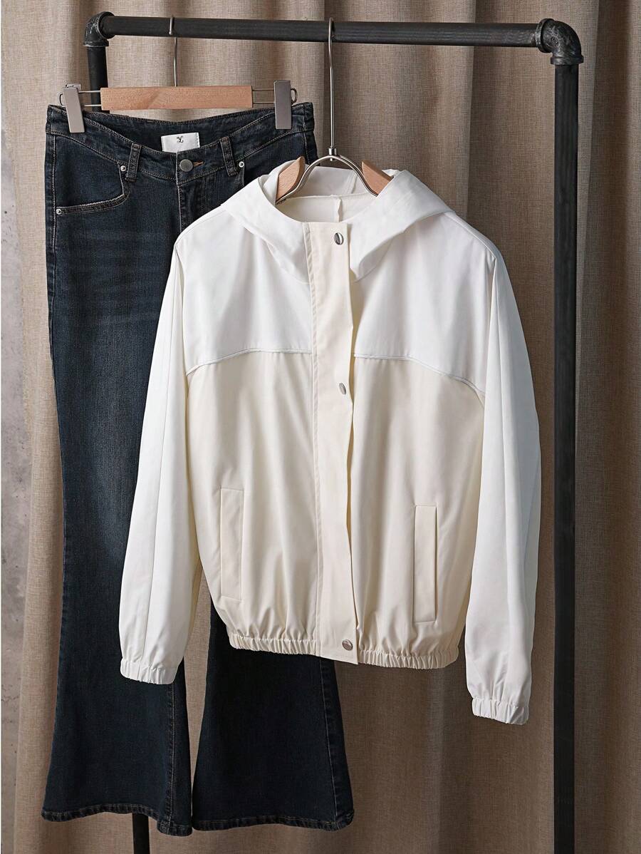 INAWLY Women's Fashionable Minimalist Contrast Color Long Sleeve Hooded Casual Jacket Fall Cloth For Women - White - View 1