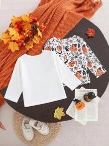 SHEIN 2 Stücke Halloween-Motiv Rundhals Langarm Oberteile für Baby Jungen, Herbst - Verschiedenfarbig - Übersicht 2