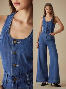 Selenza 女式纯色休闲无袖牛仔连体裤 - 中等水洗藍 - 查看 8