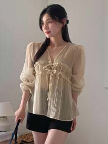 DAZY Women's V-Neck Loose Patchwork Frill Trim Front Tie Lantern Sleeve Blouse Long Sleeve Top