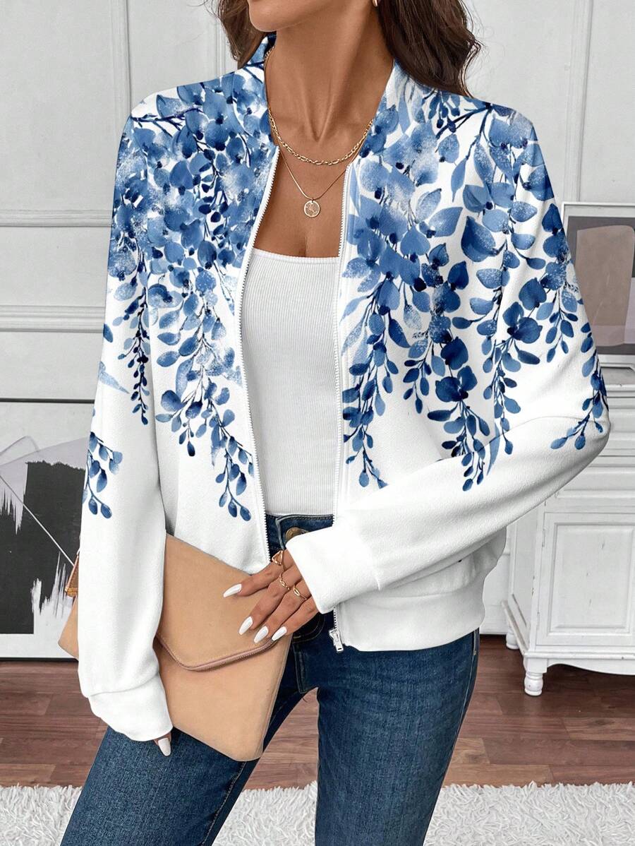 EMERY ROSE Chaqueta casual con cremallera para mujer, adecuada para otoño/invierno. Chaqueta con cremallera con estampado floral azul y blanco para mujer en verano - Multicolor - Ver 1