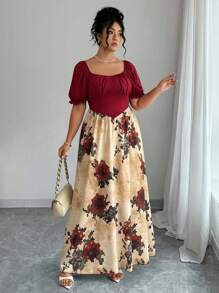 Elenzga Đầm suông cổ tim in hoa tay bồng cạp cao thanh lịch cỡ lớn cho nữ - Nhiều màu - Xem 1