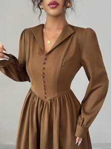 Elenzga 女士棕色厚面料 V 领纽扣设计腰部收紧 A 字秋季中长连衣裙，优雅精致，适合教师装、约会、街头、旅行、感恩节、万圣节派对、秋冬 - 棕色 - 查看 1