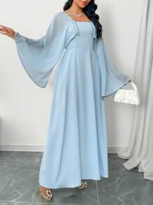 Yasmyna Women's Elegant Light Blue Maxi Dress With Square Neck And Long Bell Sleeves - Blue - View 6