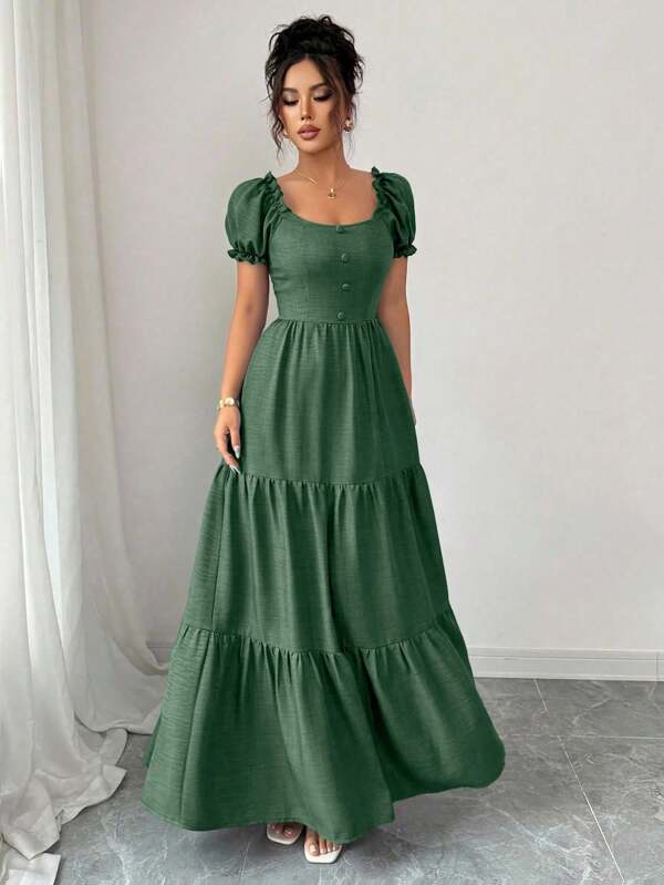 Elenzga Elenzga Women's Elegant Long Dress With Unique Collar, Multi-Layer Patchwork, Ruffle Trim, Slimming Design/Draped/Tiered Layer/Holiday Outfits /Bohemian/Romantic-Floral/Vacation Casual