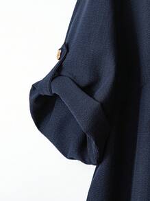 EMERY ROSE Plus Size Women's Summer Solid Color Notched V-Neck Rolled Sleeve Shirt And Wide Leg Pants Loose Casual Two-Piece Set - Navy Blue - View 5