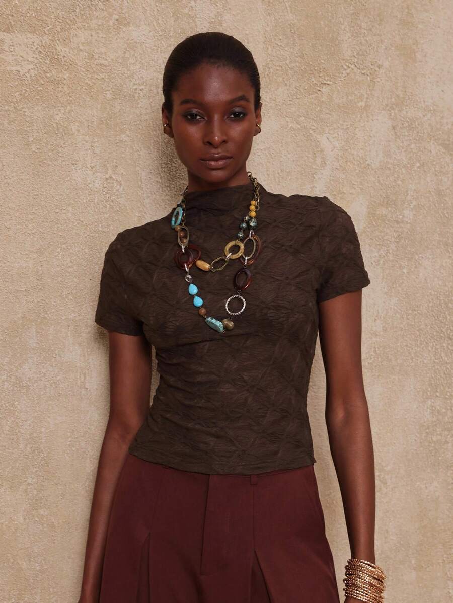 SHEIN Privé Camiseta de manga corta de punto jacquard transparente de color marrón sólido elegante para mujer, estilo BOHO, de lujo, glamoroso para vacaciones, otoño/primavera de VITNOS - Marrón - Ver 1