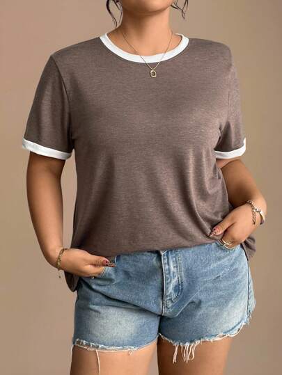 Juhart Plus Size Summer Casual Contrast Trim Short Sleeve T-Shirt