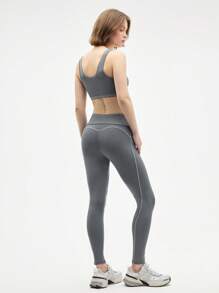 Gameset SHEIN Sport 女士灰色运动套装，包含一件无袖运动胸罩和一条高腰长款紧身裤，专为健身房和瑜伽锻炼而设计 - 灰色 - 查看 3