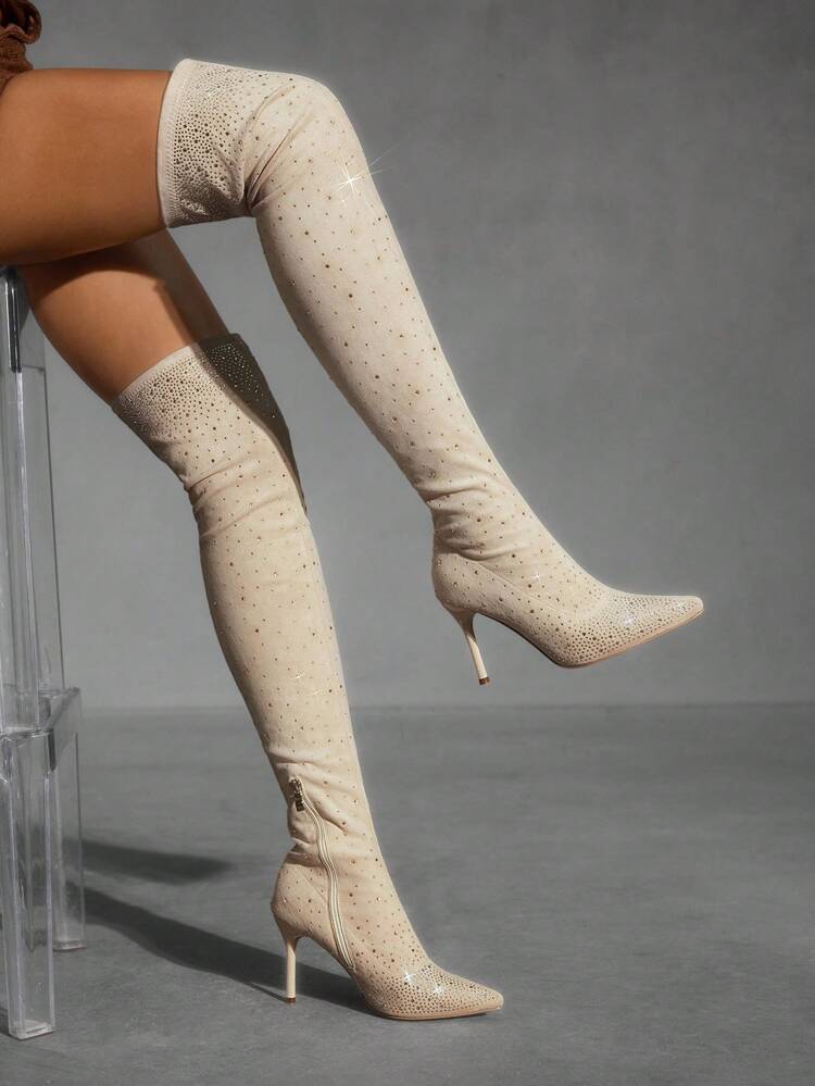 CUCCOO SZL Women Pointed Toe Stiletto Heel Boots, White Suede Fabric With Rhinestone Decor, Fashionable & Comfortable For Daily, Party, Side Zipper