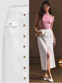 SHEIN Frenchy 女式纯色单排扣工装口袋休闲长款牛仔裙 - 白色 - 查看 8