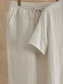 HIMLAND 2 件男士休闲 V 领短袖梭织衬衫和裤子亚麻套装，夏季、复古、舒适服装 - 杏色 - 查看 4