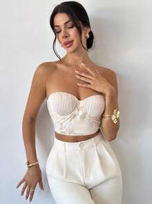 Firerie Women's Elegant Romantic Delicate Sexy Vacation Party Daily Pleated Embroidery Mesh Apricot Tight Bandeau Top, Summer - Apricot - View 3