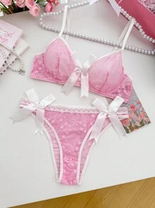PetitDoll 2件套女士蕾丝提花钢圈文胸套装 - 粉色 - 查看 6