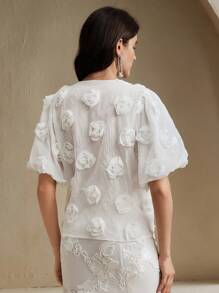 Anewsta Elaire Blusa elegante de moda con cuello en V, mangas abullonadas y flores 3D, para verano - Albaricoque - Ver 4