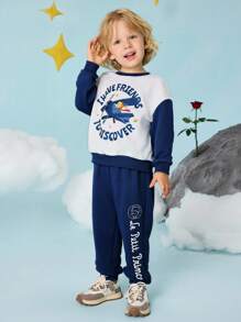 LE PETIT PRINCE X SHEIN Young Boy Cartoon Fox Pilot Pattern Colorblock Loose Sweatshirt And Pants Set, Autumn/Winter - Blue and White - View 2