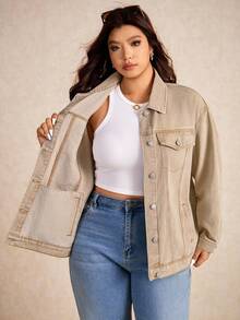 Elaquor Áo khoác denim rách giặt thường ngày cỡ lớn - Màu be - Xem 8