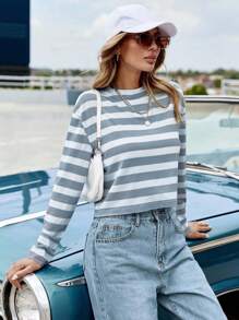 EURMUSE Striped Print Drop Shoulder Tee - Light Grey - View 1