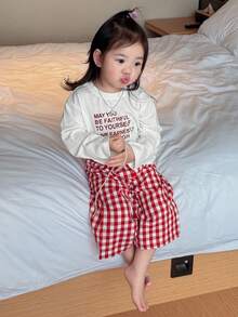 Dazy Kids 女婴圆领休闲字母印花长袖 T 恤、格子家居服、幼儿秋装 - 粉色 - 查看 6