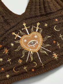 ROMWE Hippie Top tricoté noir avec broderie de lune, d'étoiles et de cœur, style bohème gothique hippie pour vacances, pour femmes