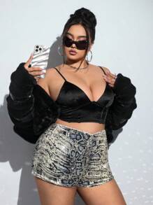 SHEIN ICON Plus Size Fashionable Leopard Print Sequin Shorts, Summer - Black and White - View 3
