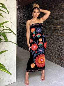 SHEIN SXY Vestido ajustado bohemio y casual con estampado floral para mujer, adecuado para vacaciones de verano