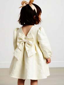Cozy Pixies Đầm tay đèn lồng họa tiết hoa jacquard trang trí nơ cho bé gái dễ thương - Màu be - Xem 1