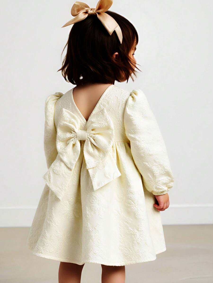 Cozy Pixies Đầm tay đèn lồng họa tiết hoa jacquard trang trí nơ cho bé gái dễ thương - Màu be - Xem 1