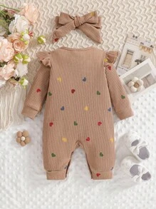 SHEIN 情人节新生儿爱心印花连体衣，舒适针织休闲连体衣，含发带，秋冬季款 - 棕色 - 查看 2