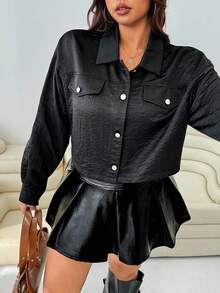 SHEIN EZwear Jaqueta Cropped Casual de Cor Sólida para Mulheres Plus Size - Preto - Visão 6