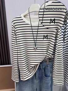 SHEIN Women's Letter Print Striped Casual Crew Neck Long Sleeve T-Shirt